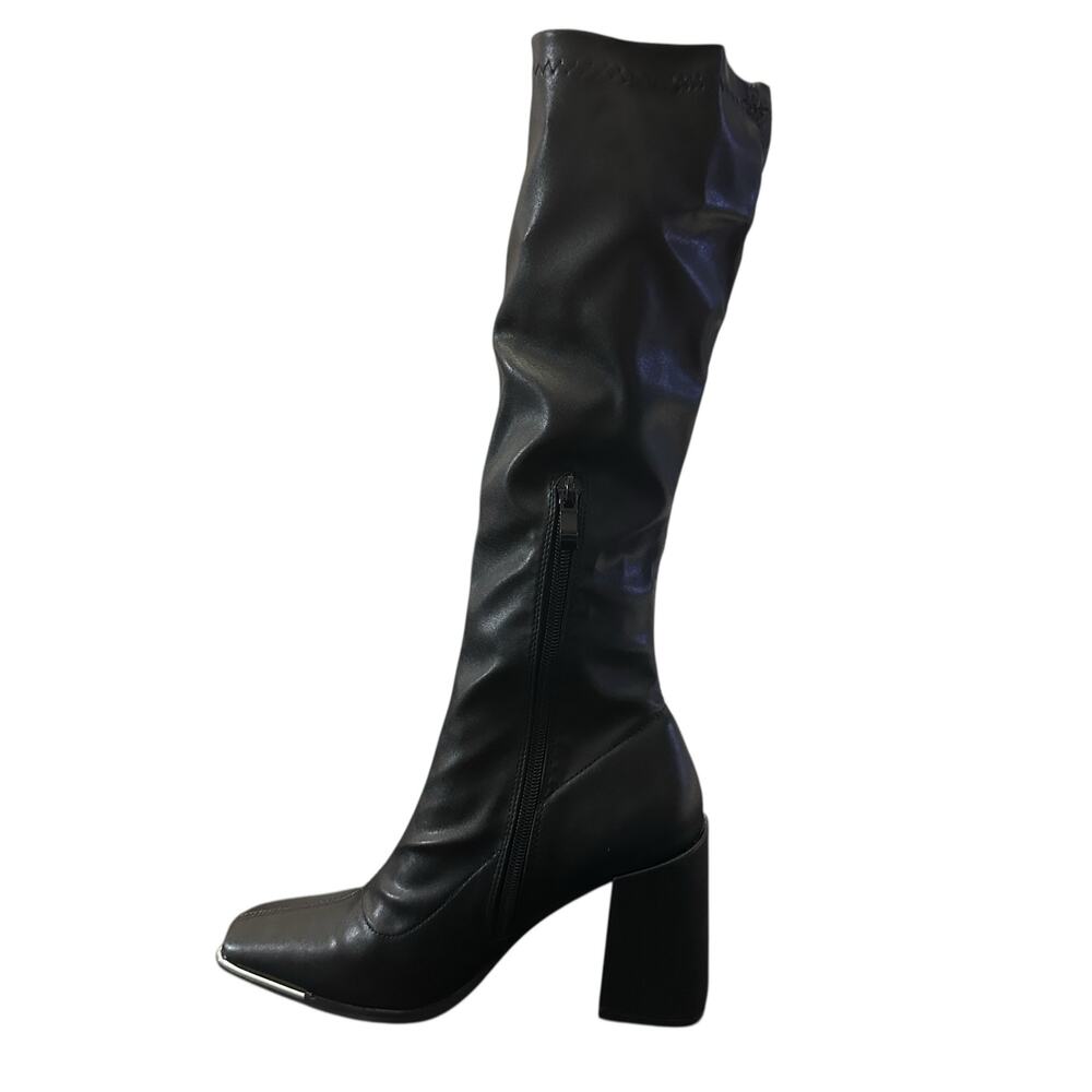 Pretty Little Thing Black Boots Square Toe Silver Calf Heeled Sock Boots Size 7 - Picture 1 of 8
